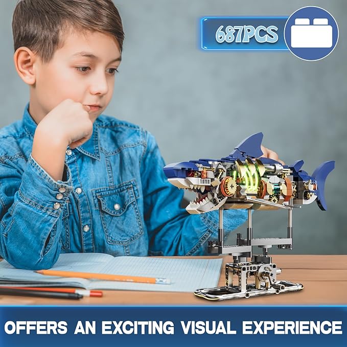 Mechanical Shark Building Block Set with Light Compatible with Lego Shark 687PCS Movable Ocean Sea Animals with Display Stand STEM Fish Toys for Home Office Decor for Adults Boys