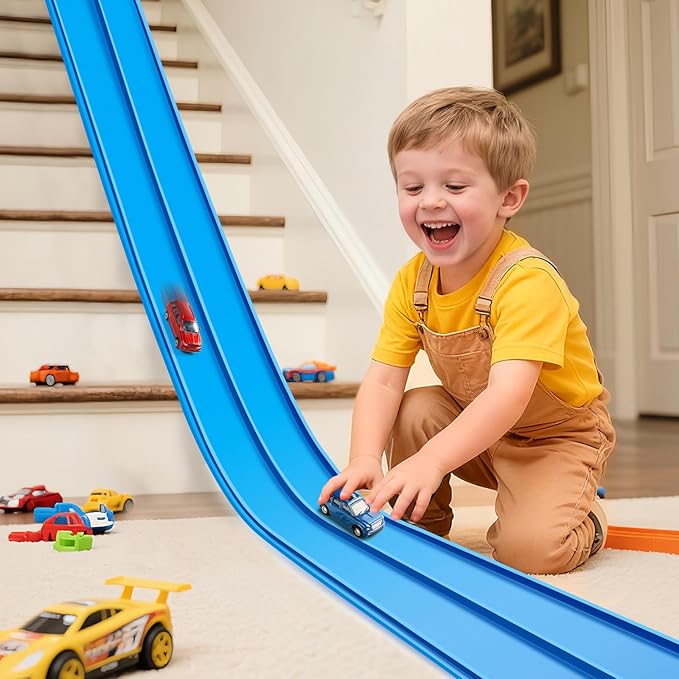Flexible Race Track 15 Ft Starter Set Flex Tracks for Kids 3+ with Strong Suction Cups Flexible Car Race Ramp Track Compatible with Hot Wheels and Diecast 1/64 Cars Portable Rolls Up Race Tracks