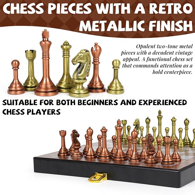 10 Travel Metal Chess Set – Folding Portable Chess Board with Storage Case Weighted Metal Chess Pieces &amp 2 Extra Queens – Mini Chess Game for Kids &amp Adults