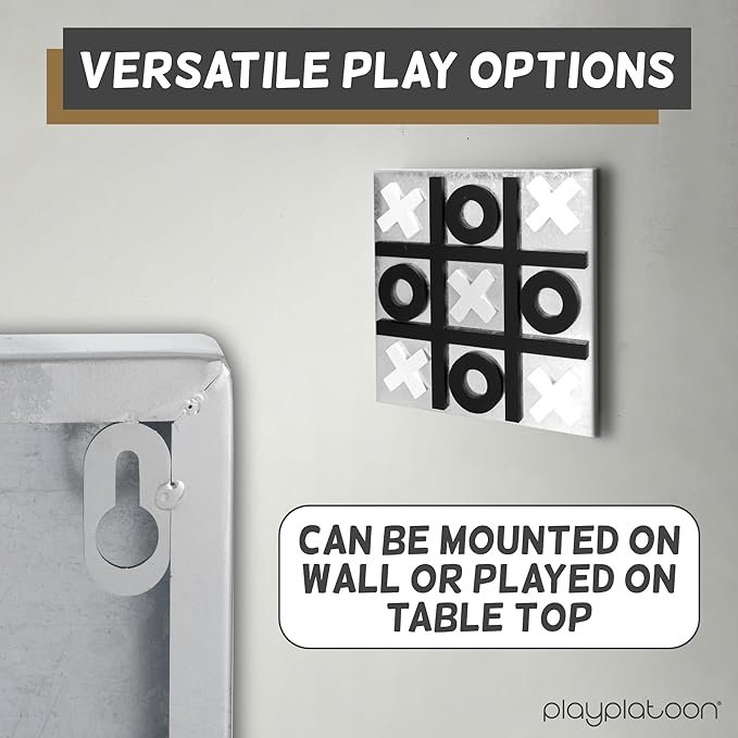 Play Platoon Magnetic Tic Tac Toe Game - Large Metal and Wooden Wall Mounted Board Games - 13.5 Inch Table Top or Wall Mounted Farmhouse Rustic for Game Room - Black &amp White