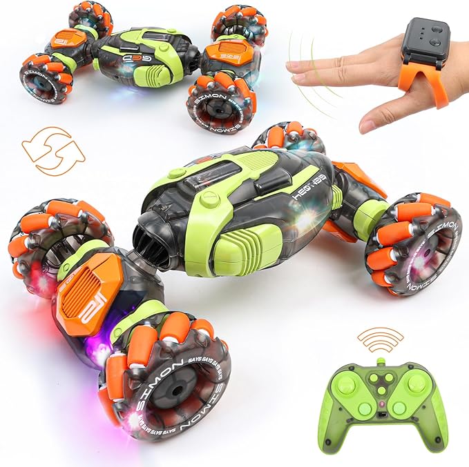 Gesture Sensing RC Stunt Car - Remote &amp Hand-Controlled Drift Toy for Kids Ages 5-7 6-8 9 10 11 12 Year Old 4WD Double-Sided Driving with Lights &amp Music