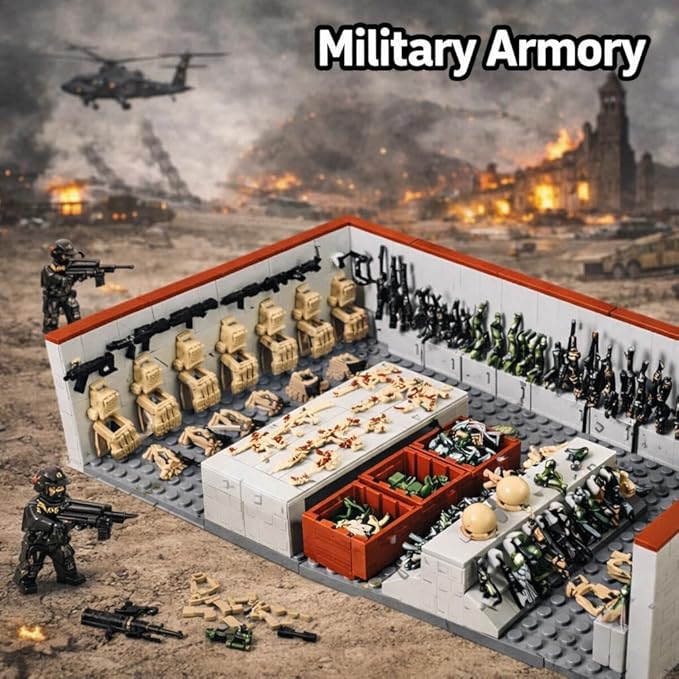 ELEFOCUS WW2 Military Base Building Blocks Set – 520 PCS Army Weapons Pack with SWAT Gear Miniguns Custom Guns and 10 Soldier Figures – Kids Army Playset Compatible with Major Brands