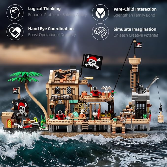 RiceBlock Pirate Town House Building Sets Pirate Wharf Supply Center Building Blocks Toys for Kids 943 Pieces