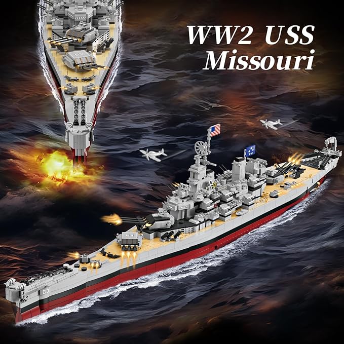 Military Series World War II Battleship Building Kit 2228 Pieces USS Missouri Compatible with Lego Military Army Set for Adults WW2 Toy Gift Boat Building Block for Teens Age 14+ Model Home Decor