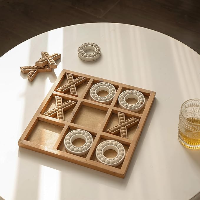NIKKY HOME Tic Tac Toe Game Coffee Table Decor 10.6 Inch Rustic Wooden Board Wood &amp White