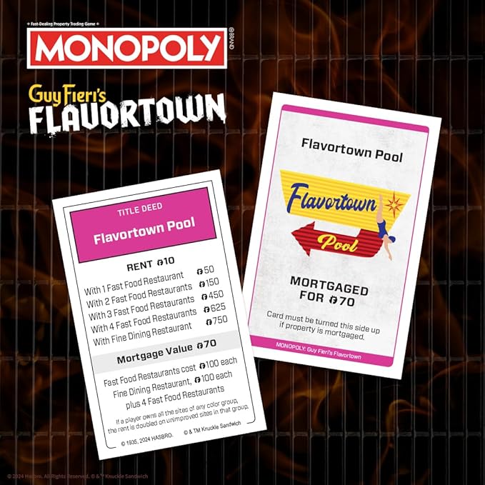 Monopoly: Flavortown Board Game Featuring '68 Chevy Camaro Knuckle Sandwich Coin and More Buy Sell Trade Guy Fieri’s Restaurants Build Your Own Culinary Empire Officially Licensed Merchandise
