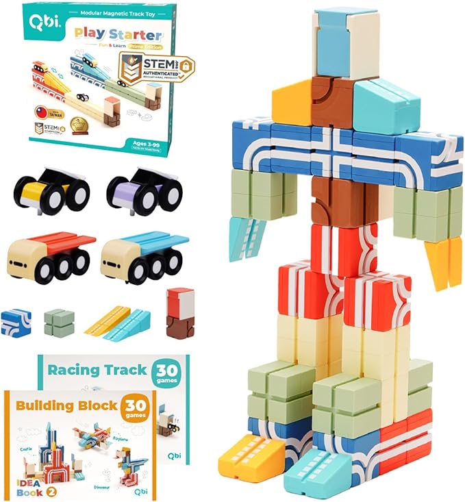 QBI Magnetic Blocks Play Starter Set – STEM Construction Toys &amp Race Car Track for Kids Ages 3-5+｜Educational Magnet Building Tiles with 2 Ramps &amp 4 Vehicles｜Montessori Gift for Boys &amp Gir