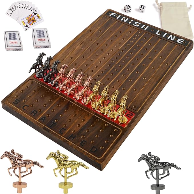Horse Race Board Game Racing Game Thickened Solid Wood with 11 Luxurious Durable Classic Metal Horses with 2 Dice and 2 Boxes of Cards Horse Racing Game (Rustic Brown Rectangle)