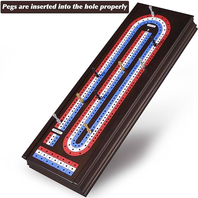 VAMSLOVE 16'' Cribbage Board Game Set Wooden 3-Track Scoreboard with Large Slots for Storing 2 Playing Cards and 9 Metal Pegs Travel Family Game Night (Instruction Included)