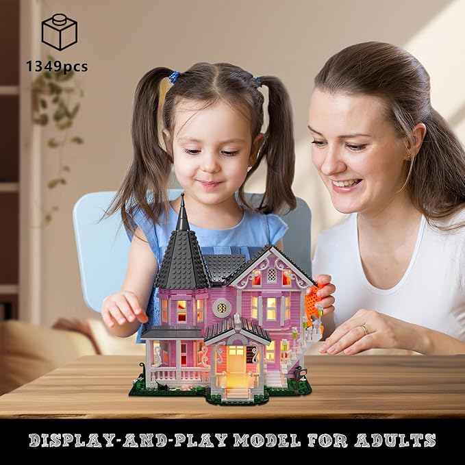 Pink Palace House Building Set with Lights Halloween Haunted House Blocks Toy Halloween House Kit for Kids Adults Compatible with Lego Christmas for Girls and Boys Aged 8+ (1349PCS)