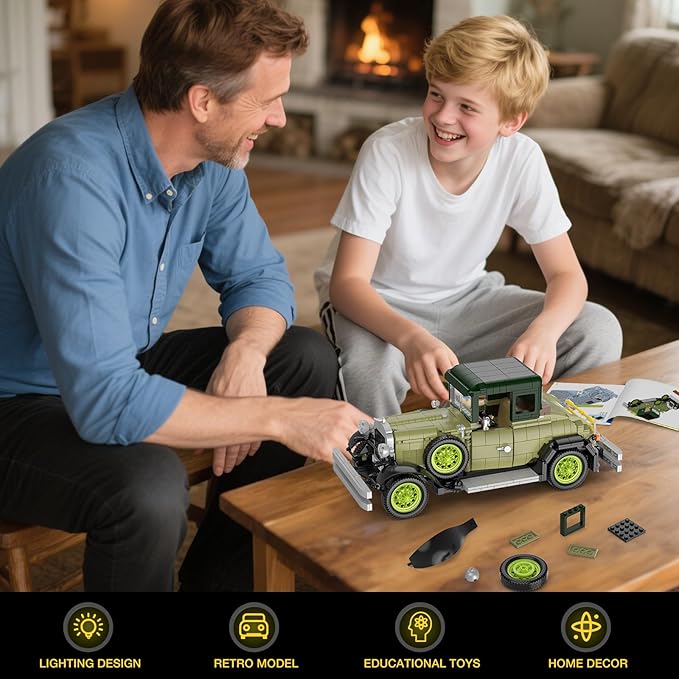 Vintage Classic Car Model Building Set with Light for Adults Boys Girls (1297 PCS) Antique Cars Model Home Office Collection Retro Classic Car Building Toy