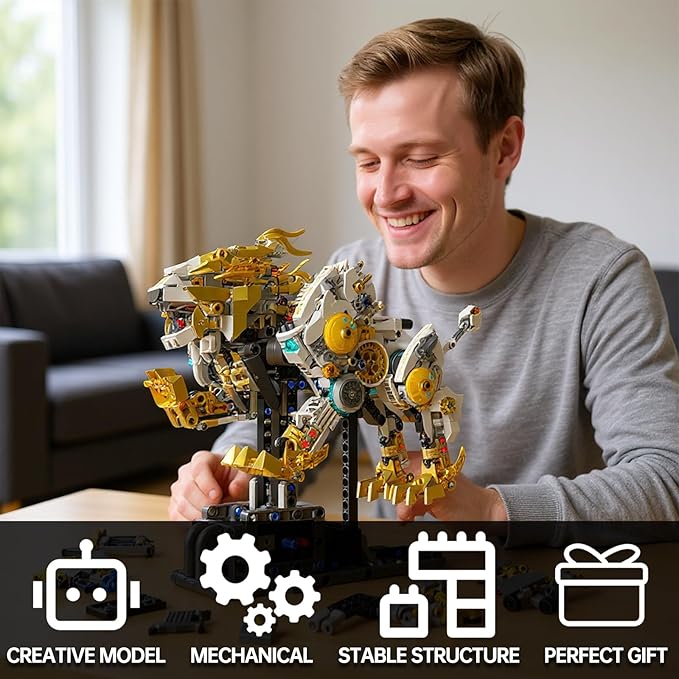 Mechanical Lion Building Block Toy Set Futuristic Mechanical Beast Model with Movable Parts &amp Gears Premium Mechanical Building Kit with Display Stand and Motor Ideal Gift for Boys &amp Adults