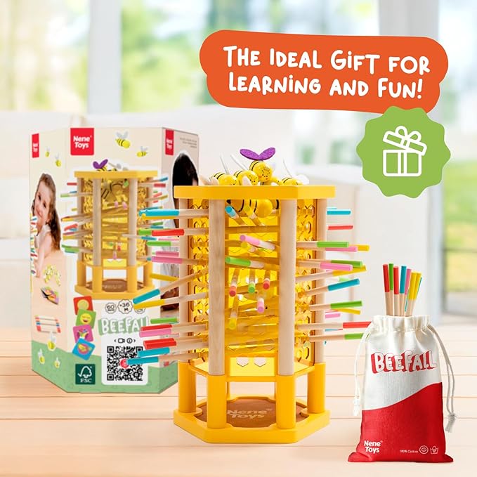 Nene Toys BeeFall Jumbo 4-in-1 Wooden Honey Bee Toy for Kids Ages 3-9 - Educational Game with Wooden Honeybee Hive 12 Bees Colorful Sticks Dice &amp Cards - Fun Family Game for Cognitive Developm