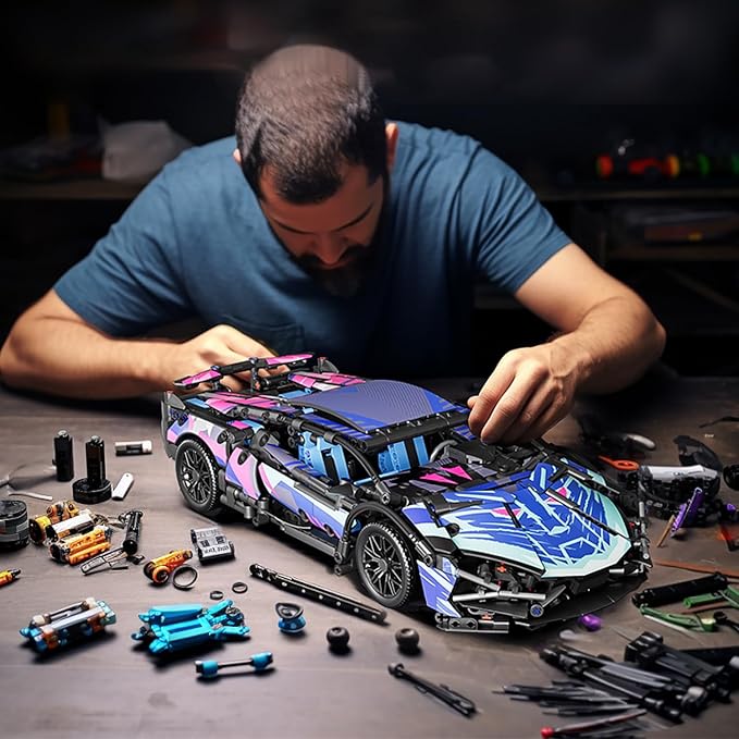 Sport Car Building Block Sets for AdultsTechnical Race Car with LED Lights Collectible 1:14 MOC Model Engineering Toys Gifts for Boys Boyfriends Men Teens Age 8+ 8-12 8-1412 13 14