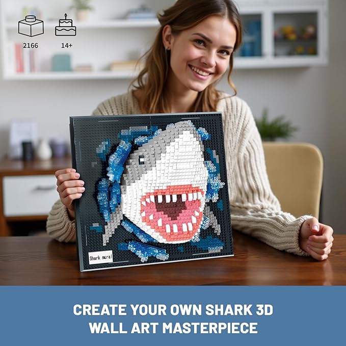 Shark Animal 3D Wall Art Micro Mini Building Blocks Set for Adults Unique Home Wall Decor or Table Display No Compatible with Lego Ideal Birthday Christmas Toy Gift for Teens (2166 PCS)