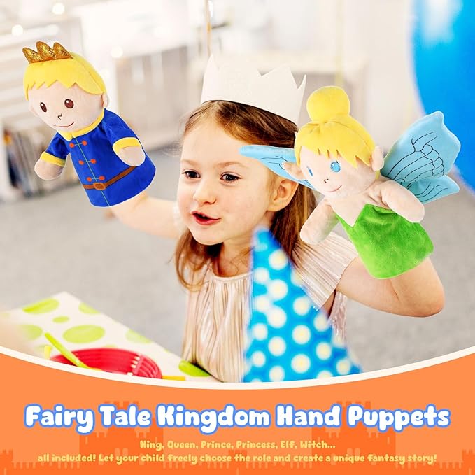 6 Pcs Castle Hand Puppets Fairy Tales Queen &amp King Princess &amp Prince Elf &amp Witch Plush Toys Role-Play Toy Puppets for Kids Storytelling Imaginative Pretend Play Teaching Preschool(6 Cart