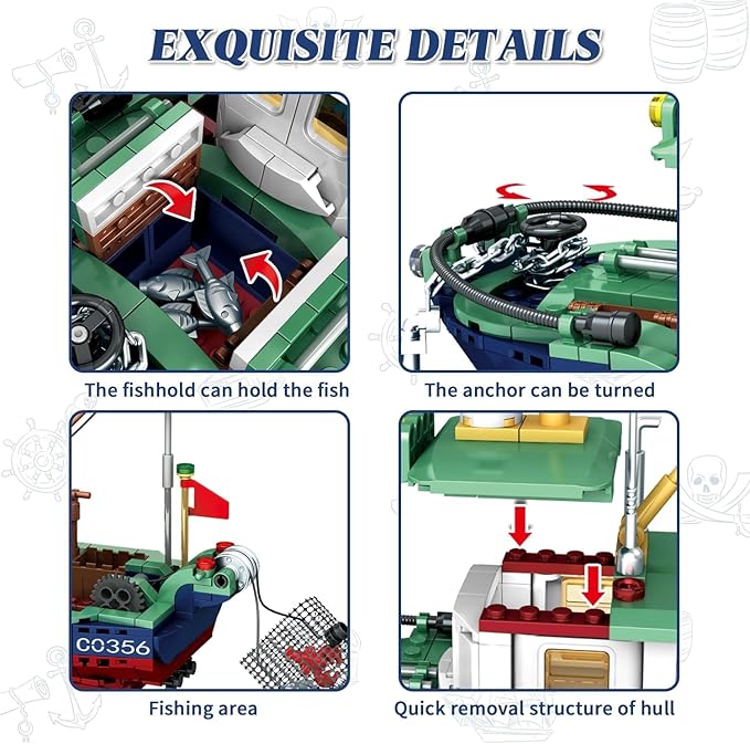 Fishing Boat Building Blocks Sets Boat Sea Fishing Building Blocks Toy Set Collection Decoration Gifts for Boys and Girl Ages 6-12 Years Old and up 582 Pcs