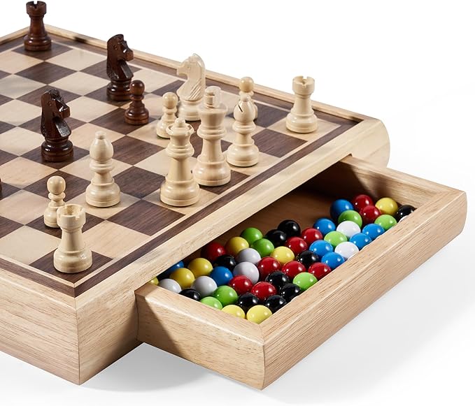 VAMSLOVE 13 Chess Chinese Checkers 2 in 1 Wooden Board Game Set with Pieces Storage Drawer - 2 Extra Queens Bonus Marbles for Birthday Gift (Instructions Included)