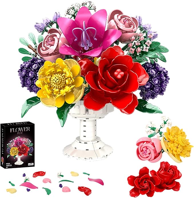 1070Pcs Flower Bouquet Building Set Artificial Fake Flowers Bridal Wedding Building Blocks Botanical Collection DIY Craft for Adults &amp Kids Girlfriend Wife Valentine’s Day Birthday Home Table D