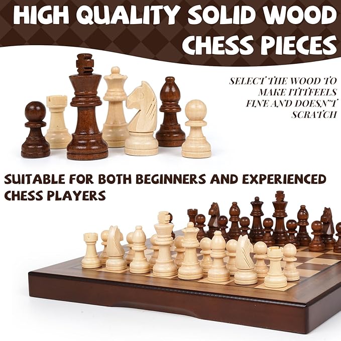 2 in 1 Magnetic Wooden Chess and Checkers Board Game Set 12 Folding Chess Boards Portable Travel Chess Sets with Pieces Storage Slots Beginner Chess Game Set for Kids and Adults