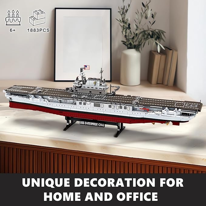 MEOA USS Enterprise Aircraft Battleship Building Toys 1883PCS WW2 Army CV-6 Carrier Building Blocks with Molded Airplane &amp Display Stand Military Navy Ship Model for Adults