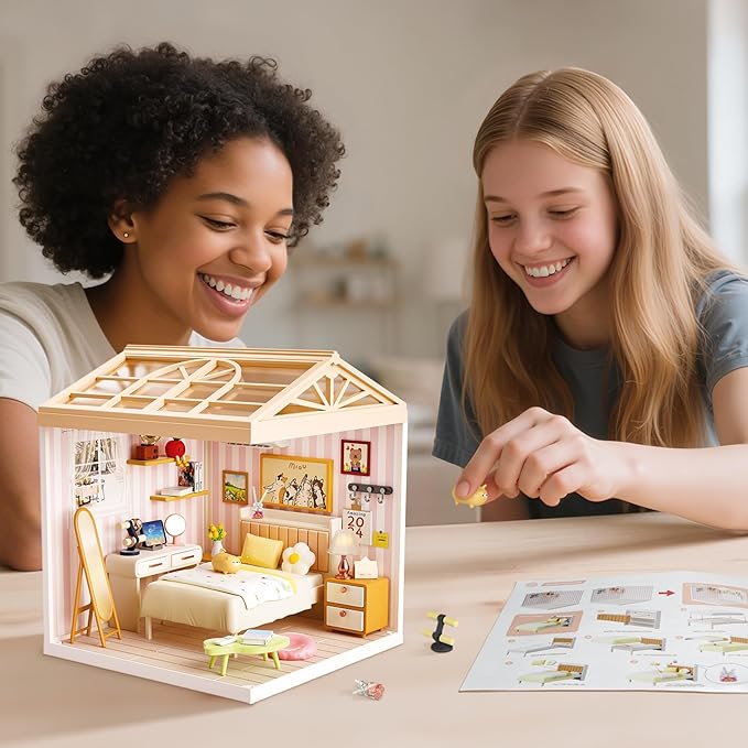 DIY Miniature House Kit Gift for Teens Mini Dollhouse with Roof &amp Dust Covers Light Furniture Creative Crafts for Adults for Mini Figures &amp Christmas Decor Gift Idea