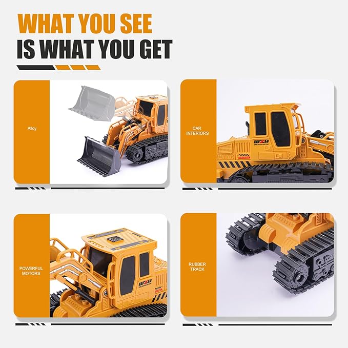 Remote Control Front Loader - Metal Shovel LED Working Lights Music &amp 2 Rechargeable Batteries Construction Toys for Boys Age 4 5 6 7 8 Birthday Gift