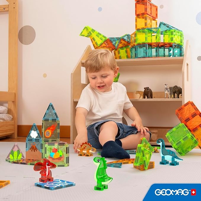 Magnetic Tiles for Kids Ages 4-8 25 Piece Dinosaur Building Blocks Set with T-Rex &amp Stegosaurus Magnet Toys for Toddlers &amp Preschoolers - Educational Construction Toy Magnetic Building Sets