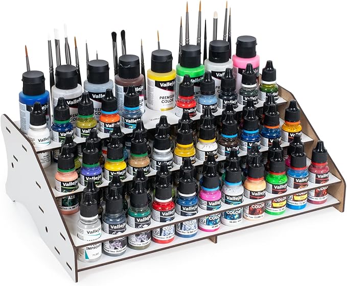 Vallejo - Front Paint Storage Rack for Scale Models and Miniatures | Capacity for 52 Bottles of 18 ml. (0.6 fl.oz.) 8 Bottles of 35 ml. (1.18 fl.oz.) or 60 ml. (2.02 fl.oz.) and 22 Brushes