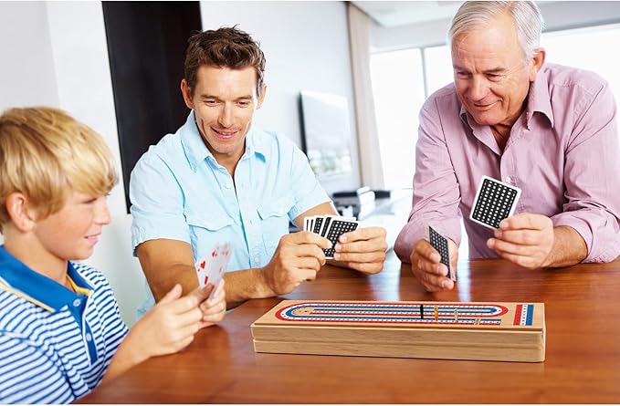 Cribbage Board Game Set with Large Storage Area Solid Wood 3 Track Cribbage Board 9 Metal Pegs 2 Playing Cards and Instruction. Portable Travel Board Game for All Ages.
