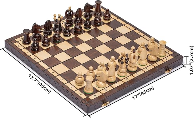 Husaria European International Chess Wooden Game Set King's Classic - 18-Inch Large Size Chess Set - Folding Board with Felt Bottom Chessmen