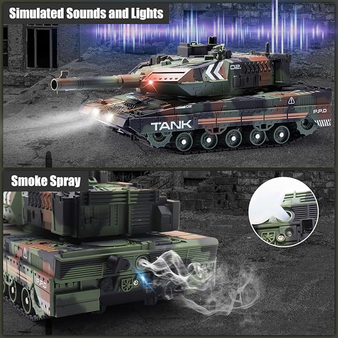 RC Tank that Shoots for Kids - 2.4Ghz Remote Control Army Tank Toys with Auto Demo Sound Light Smoke - 13 Channel Military Vehicles Model Gift for Adults Boys Age 6-8 9-12 Army Green