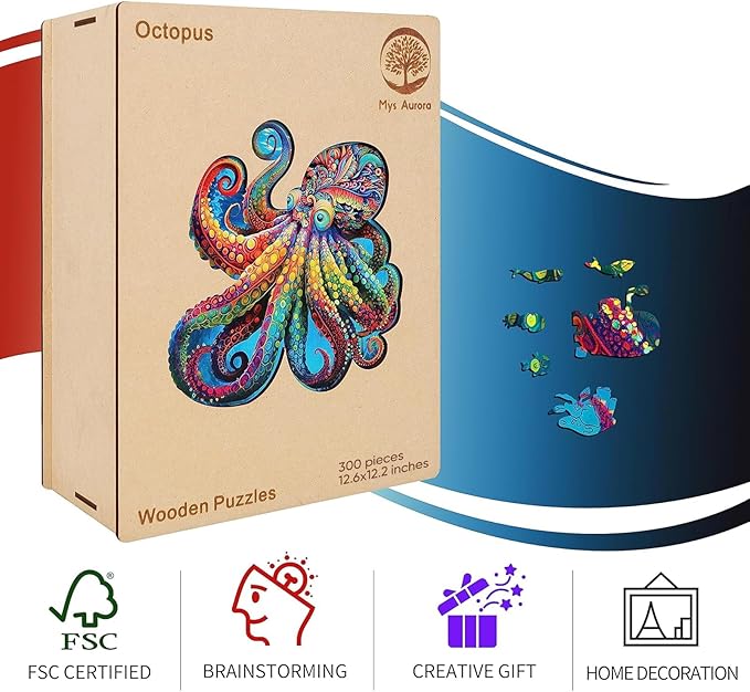Mys Aurora Unique Wooden Jigsaw Puzzles - Agate Octopus 300 Pcs Medium Size 12.6'' x 12.2'' Luxurious Animal Shaped Wood Puzzle Beautiful Package Best Gift for Adults