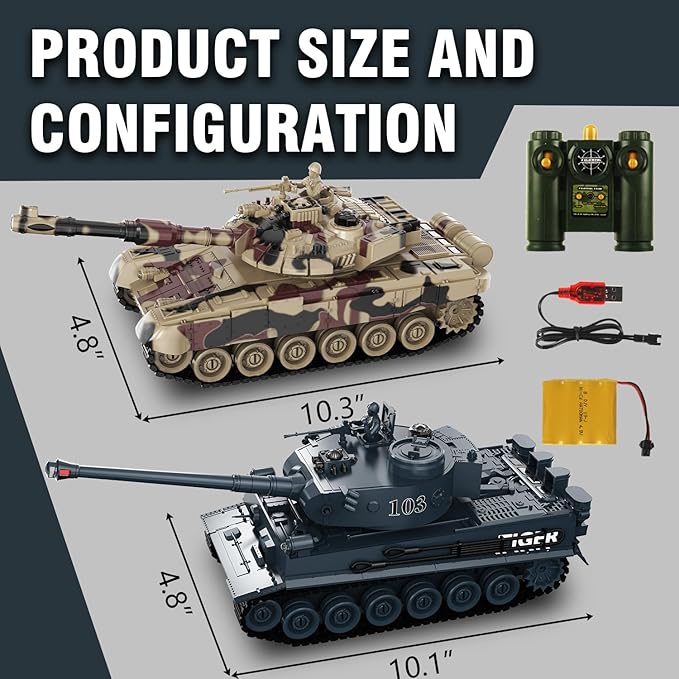 RC Tank Set1/24 RC Battle Tank Set Toy Tanks with Life Indicators and Spray2.4G Remote Control with Realistic Sounds and LightsRC Army Toys for Boys Age 6+ Year Old Gifts for Kids and Adults