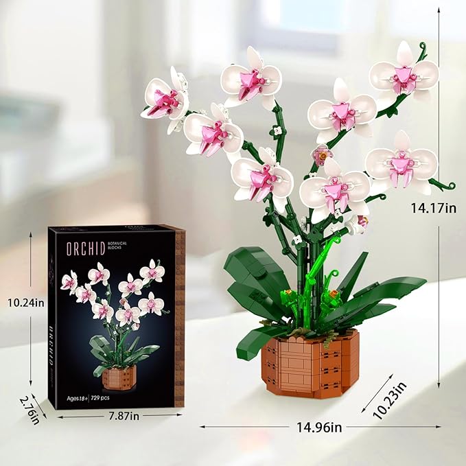 Orchid Flower Building Blocks Set Fake Indoor Flowers Building Set for Home Kitchen Desk Decoration for Adults Ages 18+