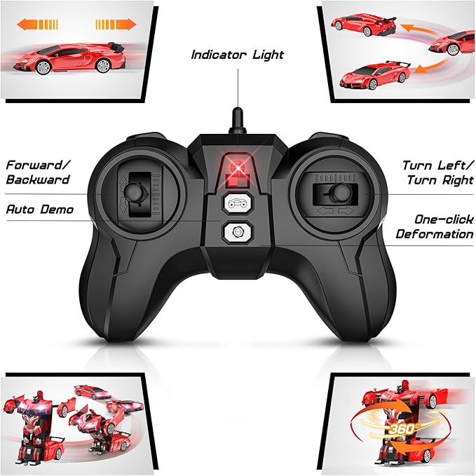 Transform Remote Control Car RC Cars for Boys Age 3-5 6-8 One-Button Transform Toy Cars 2.4GHz 360° Spin 1:16 Scale Flashing Headlight3-8 Year Old Grandkids Christmas Birthday Gifts
