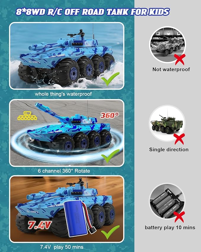 RC Tank Amphibious IFV Remote Control Truck Toy for Kids 5-12 40+ Min Playtime 2.4Ghz Waterproof Off-Road Crawler with Manually Rotating Turret (Blue Camouflage)