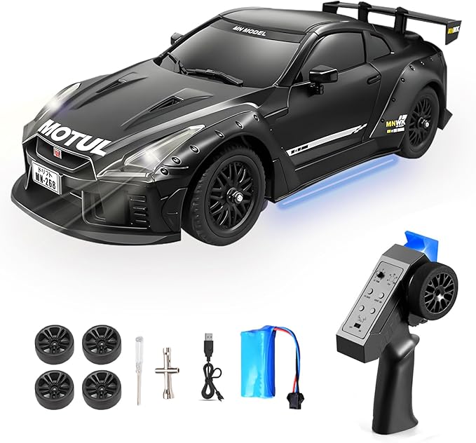 MN-268 RC Drift Car 1:16 Scale High Speed 20 KMH Racing Drift Car with Gyro LED Lights and Drift Tires 2.4G Hobby RC Cars Gift for Adults and Teens (Black)