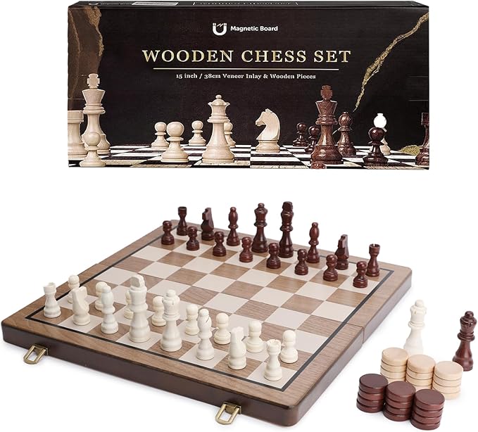 15 Inch Magnetic Wooden Chess Set with Folding Board and Chess Piece Storage Slot Handmade Portable Travel Chess Game Sets for Kids Adults Beginner and Pros Carry Bag 2 Extra Queens