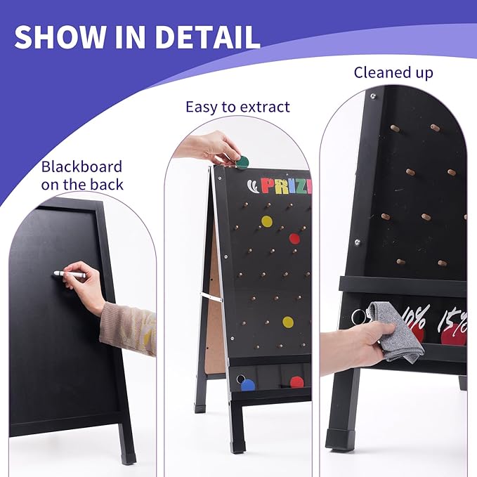 Prize Drop Game Board 15.7X27.5 Double-Sided Foldable Design with Wooden A-Frame Chalkboard Sign for Family Carnival Trade Show &amp Party-Includes 10 Coin Drop Discs and Chalk Set Portable Des