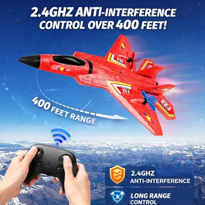 Remote Control Plane F-22 Raptor 2.4GHz Durable Foam Rc Airplane with Smart Gyro/LED Lights/3 Rechargeable Batteries RC Jet Glider Toy Gift for Kids Boys Girls 8-16 Year Old (Red)