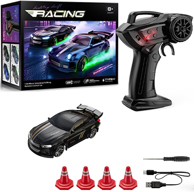 1:64 Scale Mini RC Drift Car with Gyro Full Proportional RTR 2.4Ghz Remote Control with RGB Lights (04-Black)