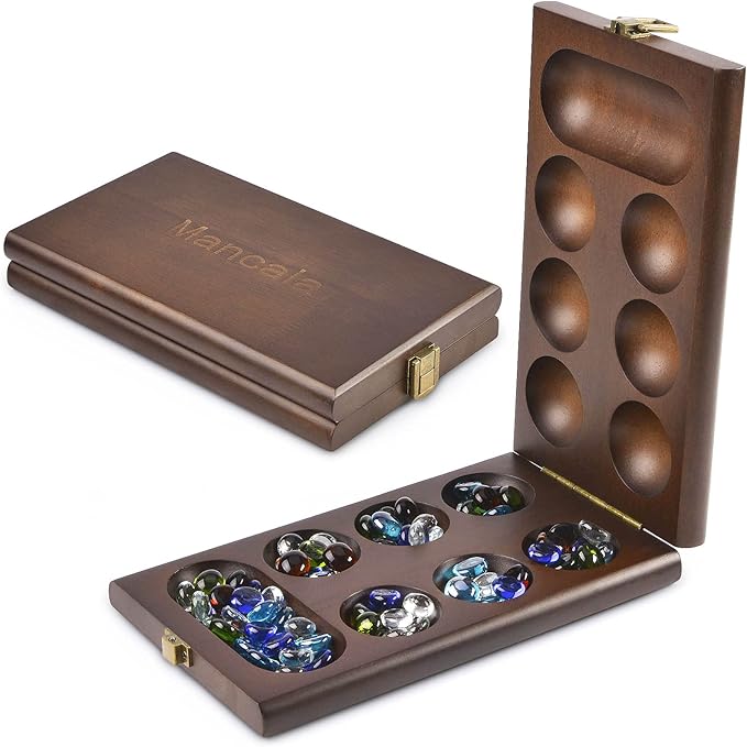 AMEROUS Wooden Mancala Board Game Set with 72+8 Bonus Multi Color Glass Stones - Folding Board - Mancala Instructions Classic Family Board Game for Kids Adults Tabletop Version
