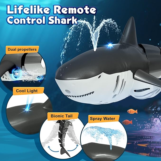 2.4Ghz Remote Control Shark Pool Toys for Boys KidsHighly Realistic Shark Pool Toys for KidsRC Boat Outdoor Water Toy with Light and Spray Water for Boys Girls Ages 6+ (with 2 Batteries)