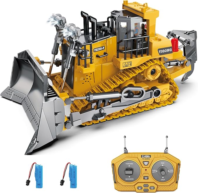 Rc Bulldozer Toys for BoysConstruction Remote Control Bulldozer with Metal bulldozing Shovel Lights/Sounds for Kids Boys