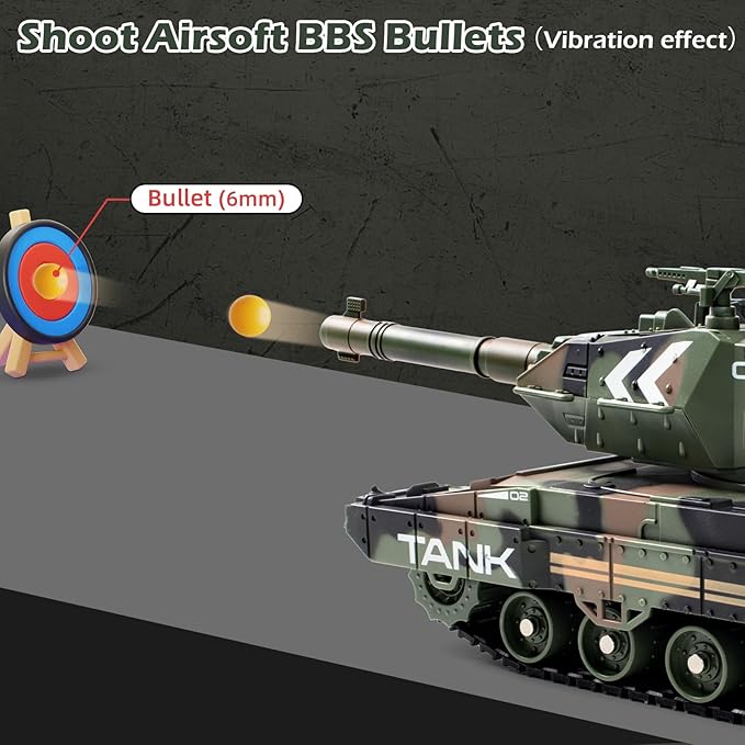 1:24 RC Tank-2.4G Remote Control Army Tank That Shoot BBS with 360° Rotating Turret Auto Demo Sound Light and Smoke All-Terrain Climbing RC Military Vehicle Toy Gift for Boys Ages 6-12