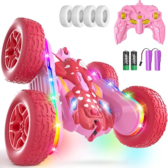 Remote Control Car for Girls Pink RC Cars Stunt RC Car Girl Toys for Girls Double-Sided 360° Rotating with Headlights 4WD Kid Toys for Birthday Gifts (Pink)
