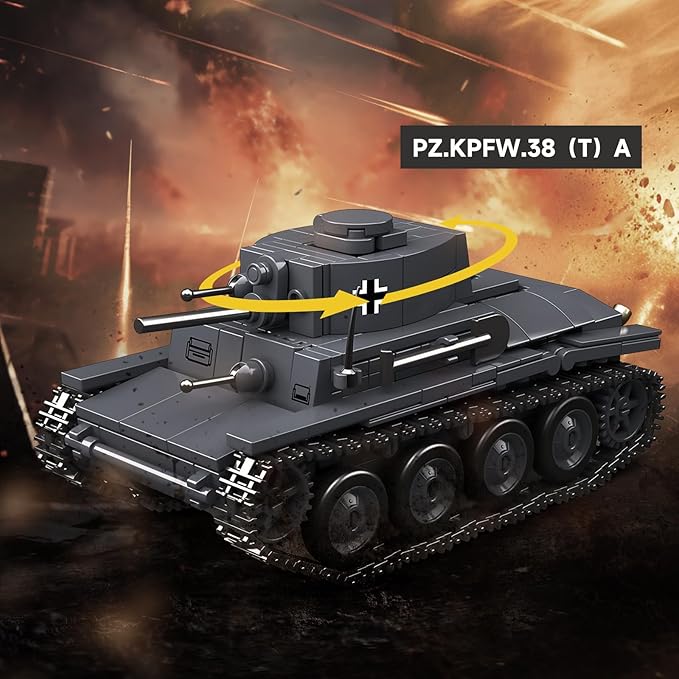 4 IN 1 WW2 Army Tanks Toy Building Block Set(1089 Pcs)Compatible with LegoCreate German 38T-A Light Tank&amp3 German Style Small Military Vehicles Models Great Military Toy Gift for Boy Age 6+ Year
