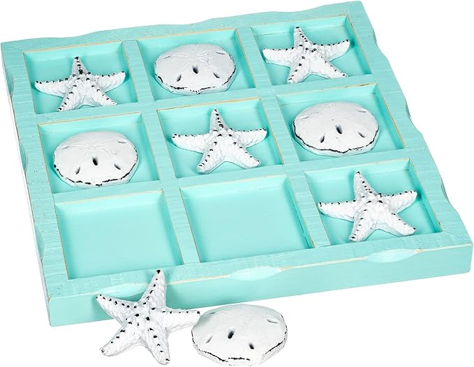 Beach Tic Tac Toe - 9 X 9 Seafoam Blue Tic Tac Toe Decor Home W/White Resin Starfish &amp Sand Dollars - Real Wooden Tic Tac Toe - Tic Tac Toe Coffee Table - Nautical Décor