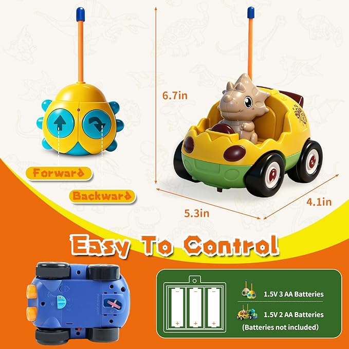TOPLIVING 2-Pack Remote Control Dinosaur Car Toys for Toddler Ages 18+ Months 2 3 4 5 Year Old Dino RC Vehicle with LED Lights Music Christmas Birthday Gift for Boys &amp Girls